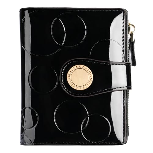 Fashionable genuine leather women's wallet, multiple card slots, short three fold style, zipper and snap closure, RFID shielding protection credit card clip, foldable wallet (Black)