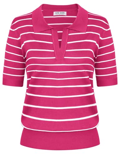 Kate Kasin Striped Short Sleeve Sweaters for Women, V Neck Knit Tops, Business Casual Polo Shirts Hot Pink White XXL