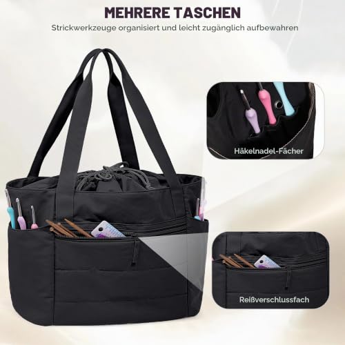 Teamoy Tragbare Stricktasche mit Kordelzug für Woll, Große, Schwarz – Bild 3
