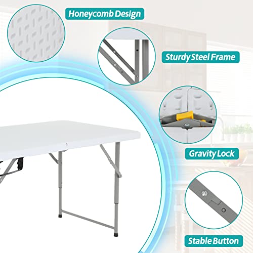 Dkeli Folding Table 4 Foot Portable Picnic Table Plastic Folding Table Adjustable Height Heavy Duty For Indoor Outdoor Camping, Picnic And Party, Fold In Half With Handle And Steel Legs, White #TOP3
