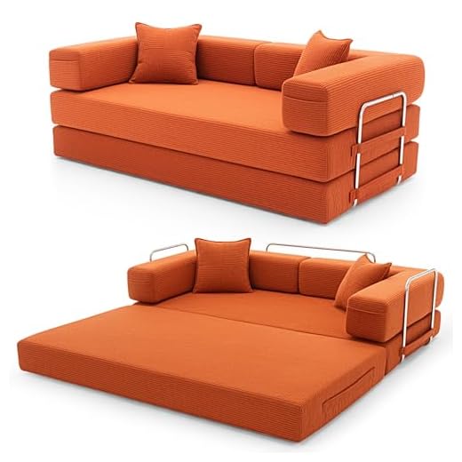 YINIX Faltbares Schlafsofa 200cm Breite XXL Bett, Modulares Bodensofa, Cord Wolkensofa mit Metallrahmen, 3 Sitzer Gästebett Klappbar, rutschfest, Waschbar (Orange, 200cm (3-Sitzer))