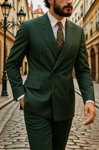 Men's 2 Pieces Pinstripe Men Suits Slim Fit 2 Button Double Breasted Suit Blazer Jacket Vest Pants Set2