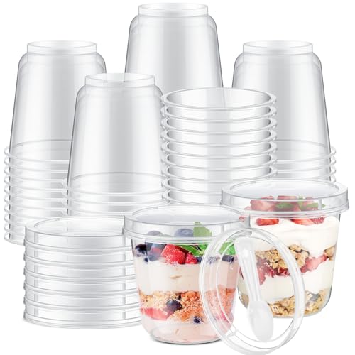 Jingmore 50 Pack 9.5oz Clear Plastic Yogurt Parfait Cups Disposable Overnight Oats Containers with Lids and Spoons Cake Fruit Jars for Food Storage Salad Ice Creams Pudding Snacks (Round Style)