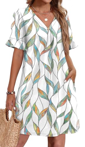 OFEEFAN Beach Dresses for Women 2026 Summer Casual Ruffle Short Sleeve Leaves Print Sundresses for Women with Pockets Flowy S