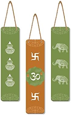 Artvibes Auspicious Symbols Wooden Wall Hanger for Good Luck | Prosperity Home | Office | Spiritual Decor Items | Wall Poster | Art Prints| Stylish Modern Decor Item | Gift Items (WH_8105N), Set of 3