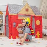 Selonis Domek do zabawy, namiot strażacki, bez piłek, składany, dla dzieci, realistyczny design, trwały i bezpieczny, łatwy montaż wewnątrz i na zewnątrz, czerwono-szary