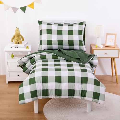 GIGBEI Olive Plaid Comforter, Sheets, Pillowcase, Crib Set, Girls Boys, adjustable, lightweight, durable, portable, user-friendly, compact, gingham, toddler, bedding, cute