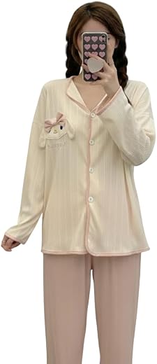 Women's Pyjama Sets,2 Piece Fashion Sweet V-Neck Cardigan Nightwear Spring Long Sleeve Pants Sleepwear Soft Cozy Knit Loun...