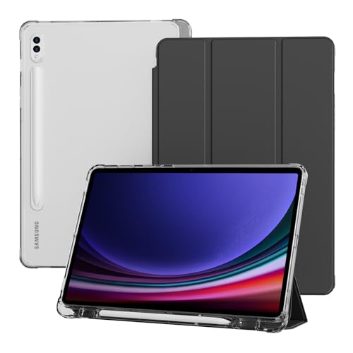 KVTVOU Case for Samsung Galaxy Tab S8/S7 (11 Inch, 2022/2020) with S Pen Holder, Trifold Stand Protective Cover & Hard PC Translucent Back Shell, Support S Pen Charging & Auto Sleep/Wake, Black