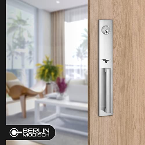 Berlin Modisch Full Escutcheon Handleset Front Door Entry Handle And Deadbolt Lock Set Slim Square Single Cylinder Deadbolt And Lever Heavy Duty – Satin Nickel Finish #TOP2