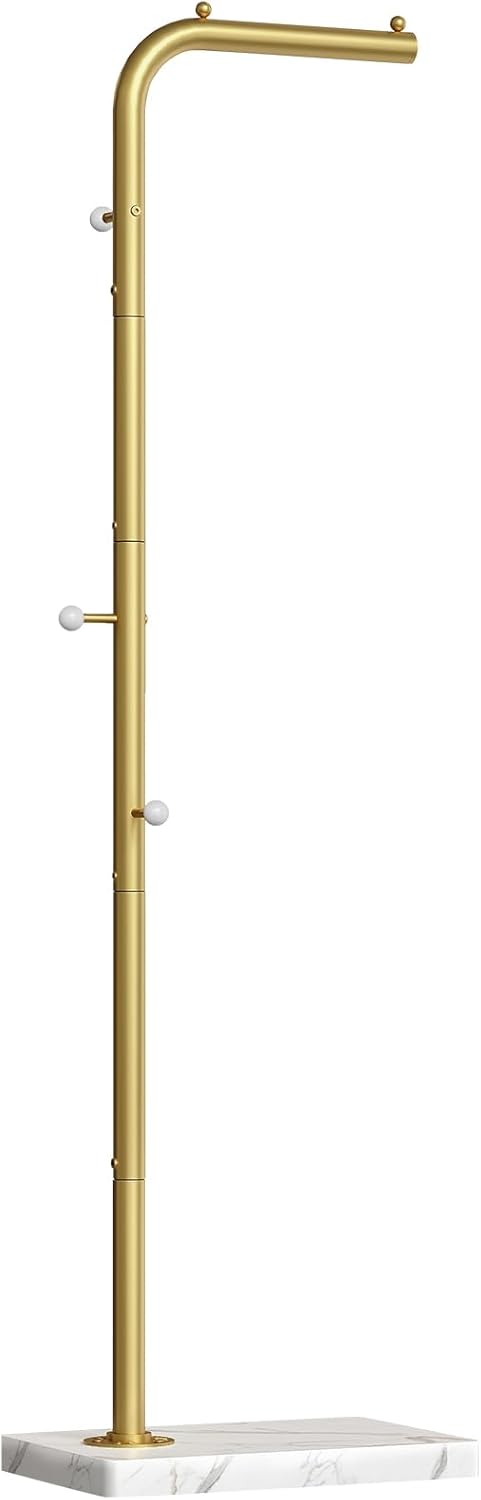L Shaped Glod Coat Rack, Metal Coat Tree, Modern Clothes Rack with 3 Hooks and Thickened Base, Floor Standing Coat Hanger Stand, for Entryway, Living Room, Cloakroom, Gold and White YM01DWY1