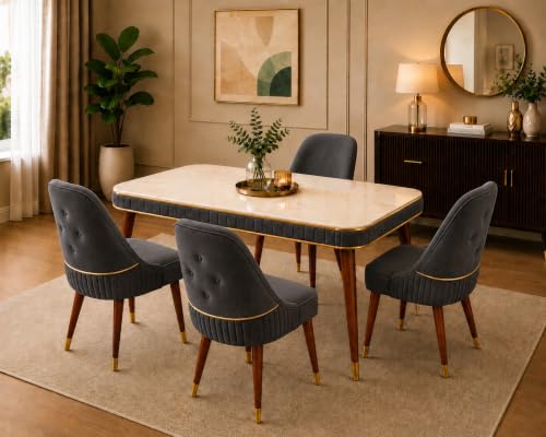 Image of WOODEN SPACE 4 Seater Wooden Dining Table Set | Urban Marble Top Dining Table with Chairs for Dining Room & Kitchen (Modern Grand Aura Dark Grey) (54 x 36 x 30 inch)
