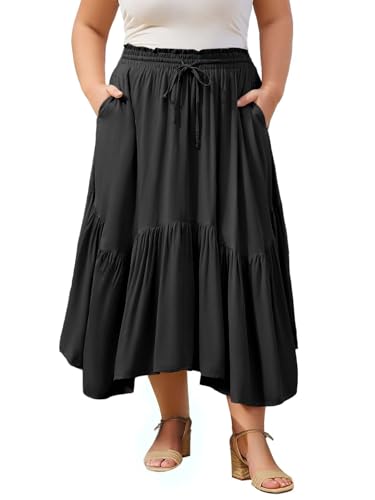 Moon Wood Women's Plain Maxi Skirts Elasticated High Waist Long Skirt Boho Ladies Tiered Flowy A Line Skirts Plus Size Ruffles with Pockets Black 5XL