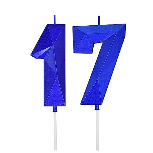 DERVENTA Large Blue 3D Number 17 Birthday Candle 3.7in Cake Topper 1 Piece