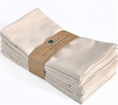 FINGERCRAFT Cloth Napkin, Cotton Linen, Set of 12, 18x18 inch, Ivory