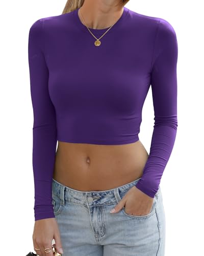 Abardsion Women's Sexy Long Sleeve Crop Tops 2025 - Basic Crew Neck Slim Fitted Fall Cropped Shirts(Dark Purple, XL)