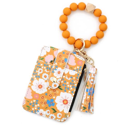 AHQKCRF Flower Keychain Wristlet Wallets for Women Cute Silicone Beaded Credit Card Holder Key Ring Bracelet Wallet (Yellow)