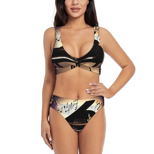 Maillot de bain 2 pièces gainant noir à motif notes de musique et piano pour affiner la silhouette