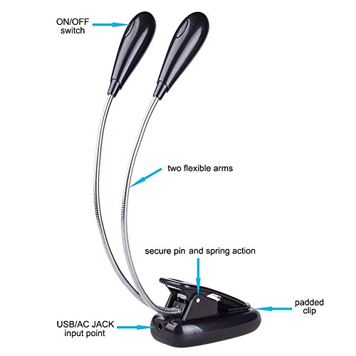 Soondar® Multipurpose Gooseneck 8-Led Reading Light Batteries Powered & Usb Or Ac Power Clip-On Book Led Lamp For Bed & Music Stand Light With Adjustable Long Arm With 2 Head, Bright White Light #TOP1