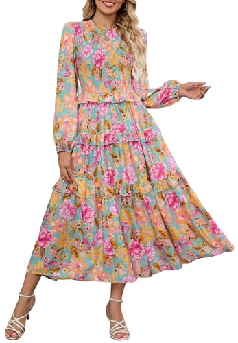 ZAFUL Boho Dresses For Women Floral Tiered Ruffled Modest Maxi Dress 2026,L