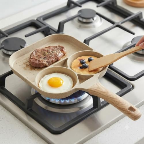 Image of 3 Cup Egg Frying Pan, Non Stick Granite Omelette Pan, 3 Hole Breakfast Fry Pan, Multi Section Egg Cooker, Induction Compatible Pancake Pan, Kitchen Cookware with Wooden Handle (White)