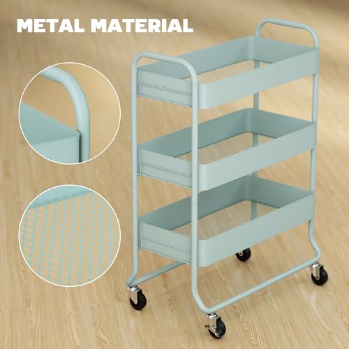 HOMCOM 3-Tier Storage Trolley on Wheels, Rolling Utility Cart with Mesh Backets, Mobile Storage Cart for Kitchen, Bathroom, Bedroom, Light Green - Image 5