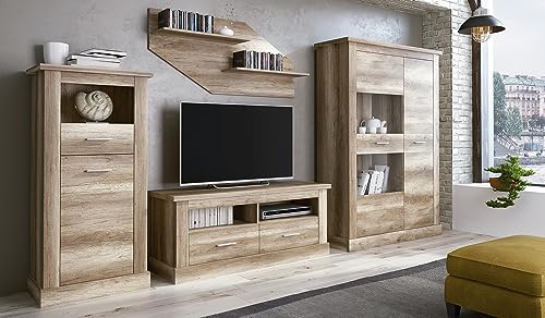 PEGANE Ensemble de Salon Meuble TV + Set des 2 étagères + Buffet + vitrine Basse Coloris chêne Vieilli