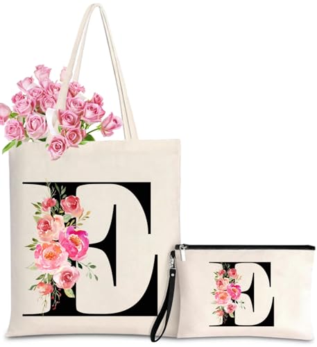 Initial Canvas Tote Bag for Women, Personalized Monogrammed Tote Btags with Makeup Gift Bag for Wedding Bridesmaids Bride Birthday Mother's Day