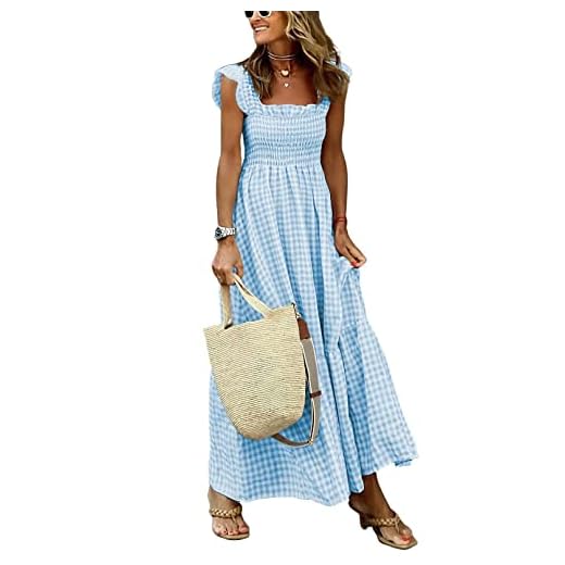 chouyatou Women's Retro Plaid Smocked Dress Spaghetti Strap Flounce Long Dress (Small, Sky Blue)