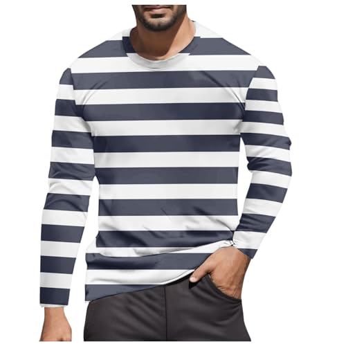 Image of Striped Shirt Men Women Red White Long Sleeve T-Shirt Carnival Long Sleeve T-Shirt Horizontal Stripes Wide Stripes Fine Stripes Crew Neck Leisure Top Striped Shirt Fancy Dress Costumes, Navy-11, XL