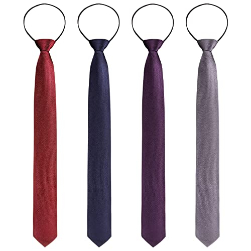 Xinnun 4 Pieces Zipper Ties for Men Adjustable Men's Pretied Neckties Zip on Tie for Men Zipper Skinny Necktie Clip on Slim Tie, Purple, Dark Navy, Gray, Dark Red, One size
