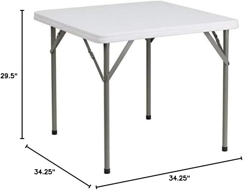 BOWERY HILL Square Folding Table, 34.25 x 34.25 in, Granite White Top, 1.75 in Thick, Gray Powder-Coated Legs, Adjustable Height, Indoor/Outdoor Use, Commercial Grade, Seating for 4 Adults
