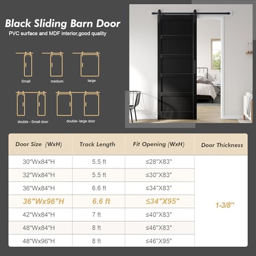 Image of 36x96 inch Black Barn Door,PVC Surface,5-Panel Interior Doors | with 6.6FT MDF Sliding Hardware Kit Included & Handle,DIY Assembly,