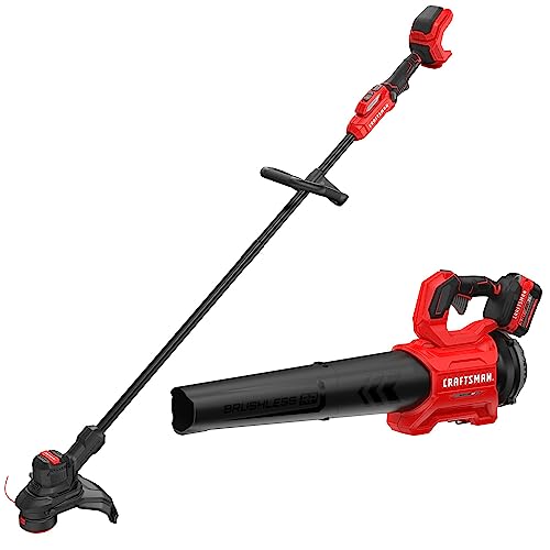 CRAFTSMAN V20* BRUSHLESS RP Outdoor Combo Kit, Cordless String Trimmer & Blower, 5.0 Ah Battery and Charger Included, Compact Weedwacker with 13 In Cutting Deck, 410 CFM and 110 MPH Blower (CMCK497P1) by CRAFTSMAN - Used condition - US$180.46