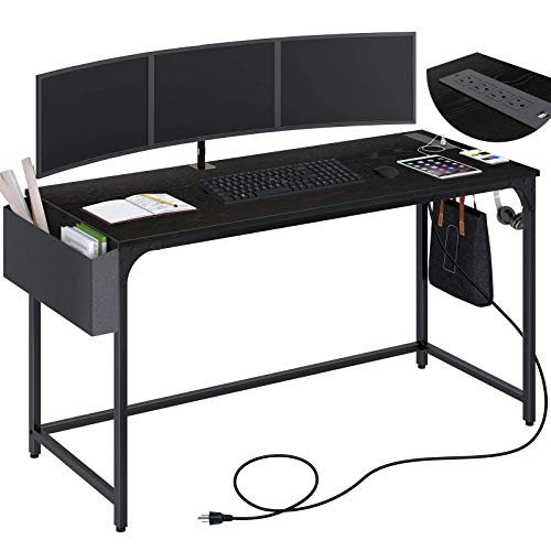 Rolanstar Computer Desk With Power Outlet, 55” Home Office Pc Desk With Usb Ports Charging Station, Desktop Table With Side Storage Bag And Iron Hooks, Stable Metal Frame Workstation, Black #TOP7