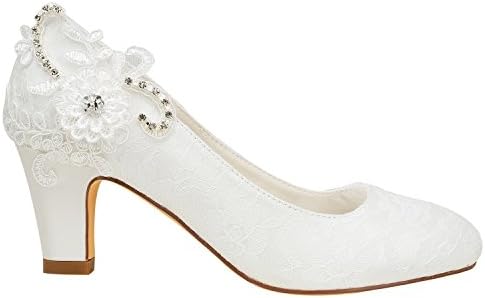 Emily Bridal 1505-1C Women's Wedding Shoes Closed Toe 2.56 Inches Chunky Heel Lace Satin Pumps with Rhinestone Lace Flower Bridal Shoes (EU38/7.5 B(M) US, Ivory) | Image 2