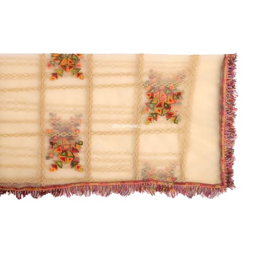 Image of ZEN APPAREL Women's Embroidered Net Dupatta with Lace Borders (Z-101) Premium Net Fabric Golden Aari Work