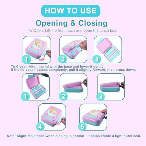 Image of Kids Bento Lunch Box for Boys & Girls - 4-Compartment Leak-Proof Lunch Container with Hidden Silicone Handle, Lightweight, BPA-Free, 855ml for School & Travel (Mermaid)