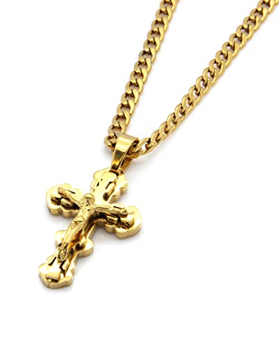 Mens Gold Tone Stainless Steel Mini Clover God Cross Pendant 24" 4Mm Cuban Necklace Chain #TOP19