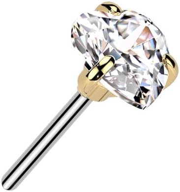 Implant Grade Titanium Threadless Push In Prong Set Heart CZ Top (Fits All Threadless Pin Sizes 14GA-20GA)