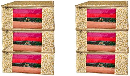 ANKIT INTERNATIONAL Golden Floral Printed Multi Purpose Saree cover/Storage Bag for Clothing, Toy, Stationery, Blanket, Saree & Suit Storage with Zip Closure (Pack of 6)