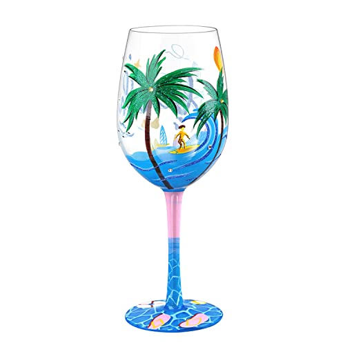 NymphFable Beach Wine Glasses 15oz Hand Painted Colorful Wine Glasses, Blue Sea Beach Themed Gift for Women Men