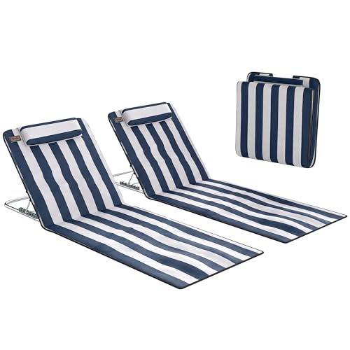 Image of Outsunny Set of 2 Foldable Garden Beach Chair Mat Lightweight Outdoor Sun Lounger Seats Adjustable Back Metal Frame PE Fabric Head Pillow w/Carry Bag, Blue