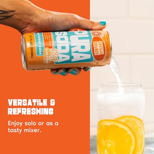Image of PuraSoda Seville Orange - 12g Pure Cane Sugar Soda, 10 Fl Oz, Pack of 12 | Real Fruit Extract, Non-Gmo Vegan, No Stevia Or Artificial Sweeteners, 13g Cane Sugar, 10 Fl Oz Cans