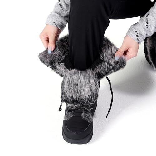 Image of AUSLAND Women's Black Winter Snow Boots Twin Peaks Fur Cuff Mid-Calf Waterproof Lace Up Boots