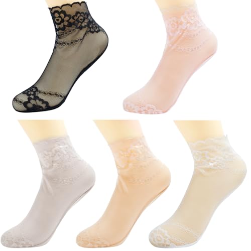 5Pairs Women's Lace Ankle Socks Sheer Lace Socks Ultra Thin Cool Silk Fishnet Sock Ankle Mesh Summer Sex Sock for Women