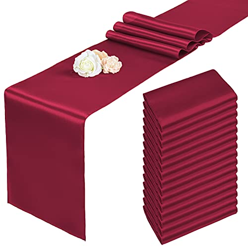 15 Pack Satin Burgundy Table Runners 12 x 108 Inch Long Table Runners for Rectangle Round Tables,Smooth Stain Table Runner for Wedding,Birthday Party Banquets Graduation Engagements Decoration
