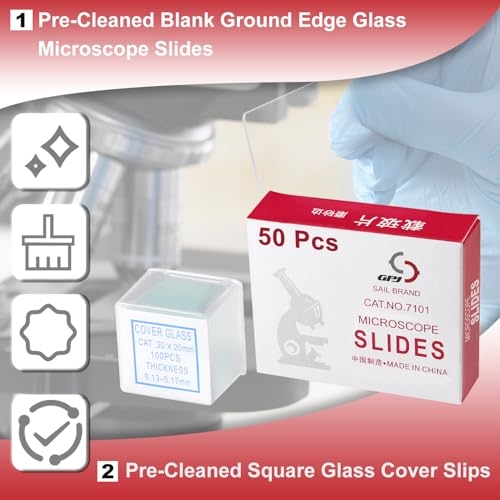 Gpjyyds OTH240515F-0001-YYDS Microscope Slides Clear Glass 50 Pcs Pre-Cleaned Blank Microscope Slides Ground Edges 1 Inch X 3 Inch With 100Pcs Pre-Cleaned 20Mm X 20Mm Microscope Cover Slips Glasses For Basic Biological Science Education thumb #3