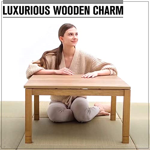 BJDesign Kotatsu - Japanese Heated Table - Wooden Chabudai Furniture with 120V Electric Heater - Low-Lying Dining and Work Desk with Temperature Control Knob (29x29in, White)