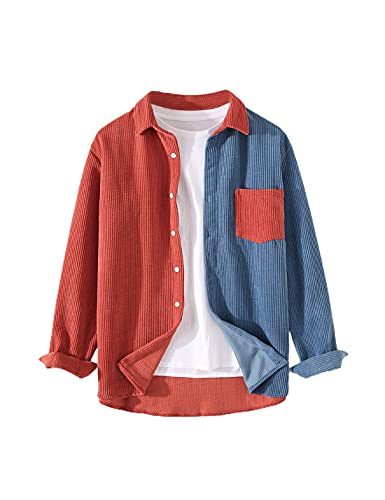 UANEO Mens Shacket Patchwork Long Sleeve Button Down Corduroy Shirts for Men, #1 Orange, S